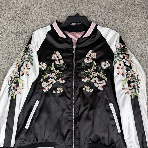 ZAFSIBLINGS Jacket Womens Small Black Pink Reversible Satin Bomber Floral - Picture 2 of 16